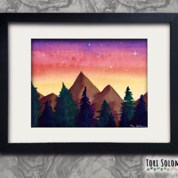 A watercolor painting of mountain peaks and pine trees against a colorful setting sun