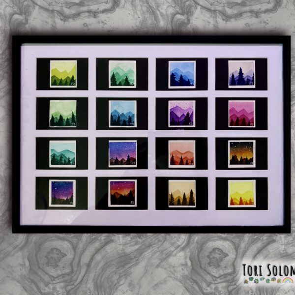 A colorful assortment of watercolor paintings of mountain landscapes with trees in the foreground and in rainbow order