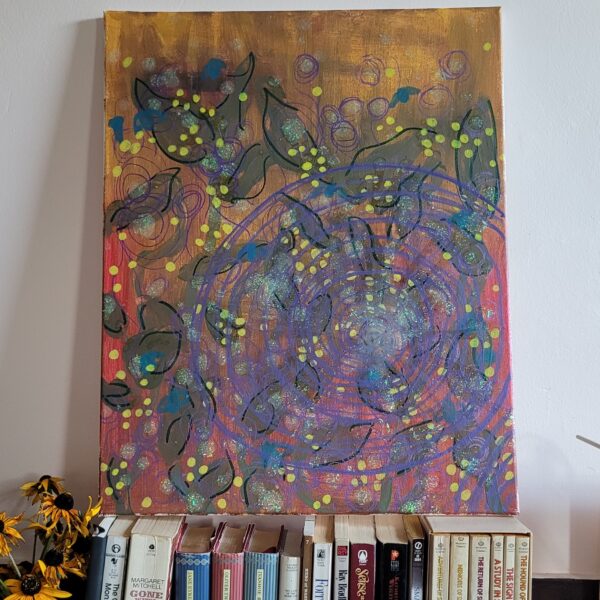 weeds breed lightning bugs, 2024 20x16", acrylic on canvas, glow in the dark paint
