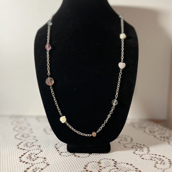 1 of 1 30-34", rose quartz, glass, Joan's beads, resin roses, silver metal alloy chain