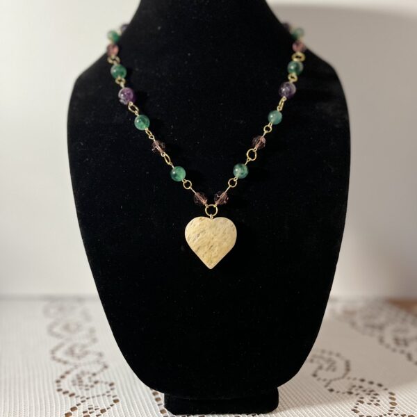 1 of 1 22-25", citrine heart, amethyst, Joan's beads, glass, golden metal alloy chain 