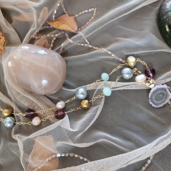 1 of 1  24", amethyst core, pearls, Joan's beads, glass, shell, golden metal alloy chain