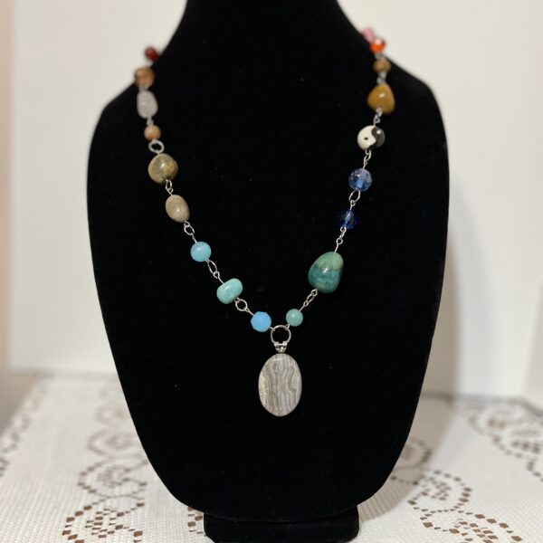 2 of 2 22", crazy lace agate, blue quartz, carnelian, rose quartz, sunstone, glass, clay, silver metal alloy chain 