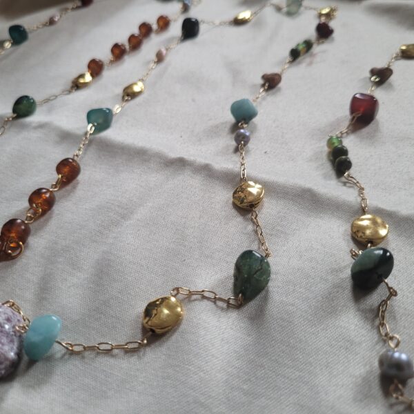 series of 3, #2 of 3 listed 28", lepidolite, pearl, vintage Mexican clay bird, jade, agate, glass, golden metal alloy beads, golden metal alloy chain