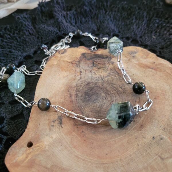 1 of 1  21", prehnite, gold sheen obsidian, silver metal alloy chain