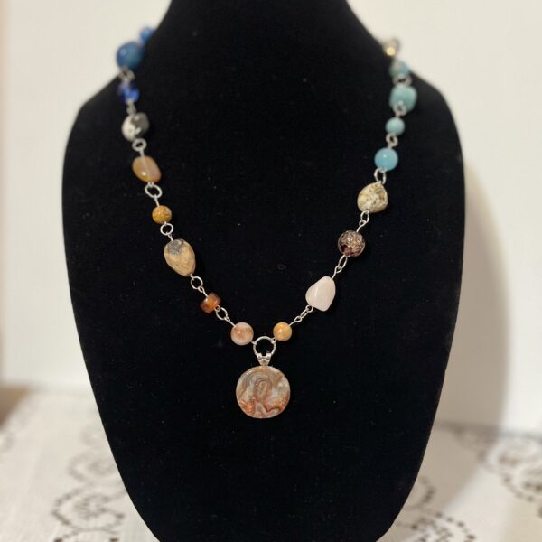 1 of 2 22", crazy lace agate, blue quartz, carnelian, rose quartz, pistachio calcite, glass, clay, silver metal alloy chain 