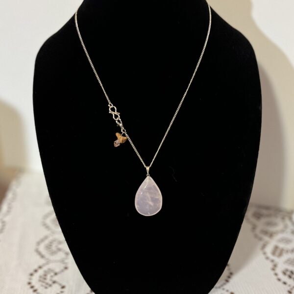 1 of 1 18", rose quartz, vintage Mexican clay bird, .925 silver chain