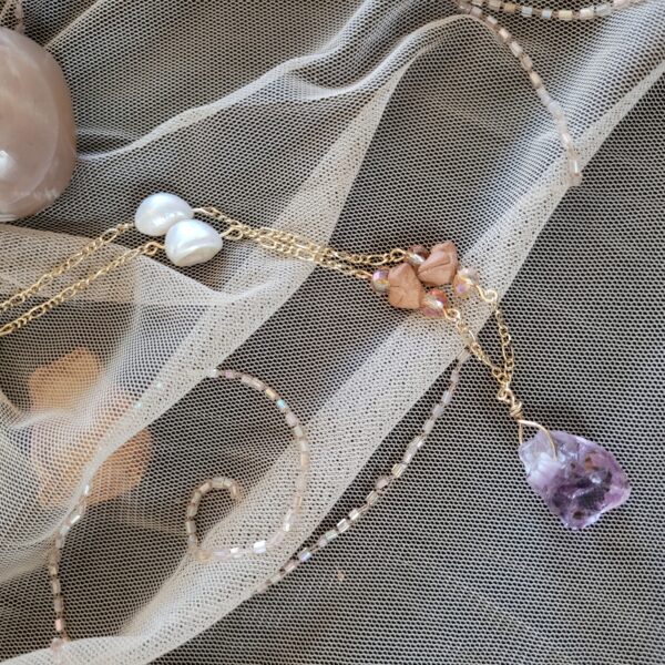 24", amethyst, pearl, glass, vintage Mexican clay bird, golden metal alloy chain