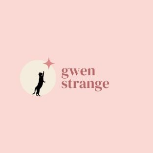 Gwen strange art logo, pink with black cat reaching for star in circle