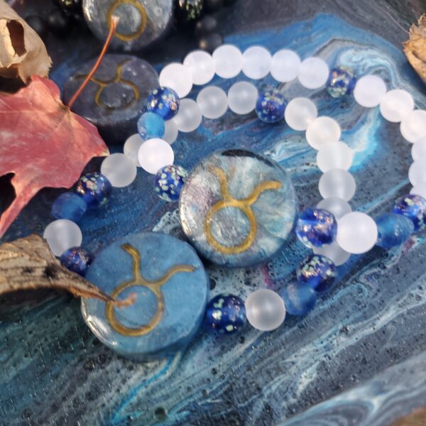 Taurus Zodiac Beaded Bracelets, Dark Galaxy and Blue Sky versions.